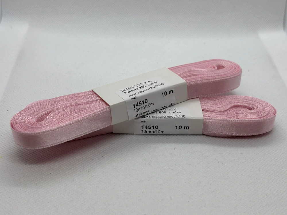 Stuha atlasová oboulící 10 mm/ 10 m 330 světle růžová